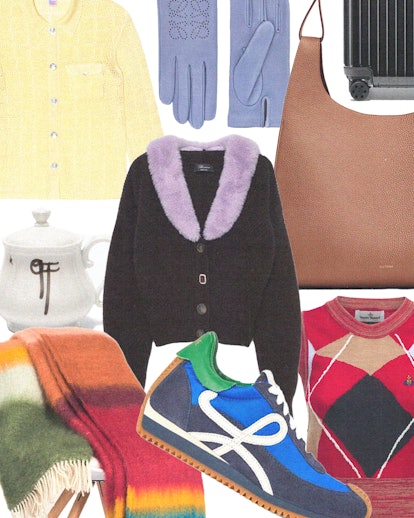 a collage of a cardigan, a shirt, some gloves, a bag and a suitcase