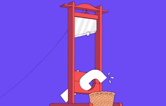 An illustration of the Facebook logo being executed by guillotine
