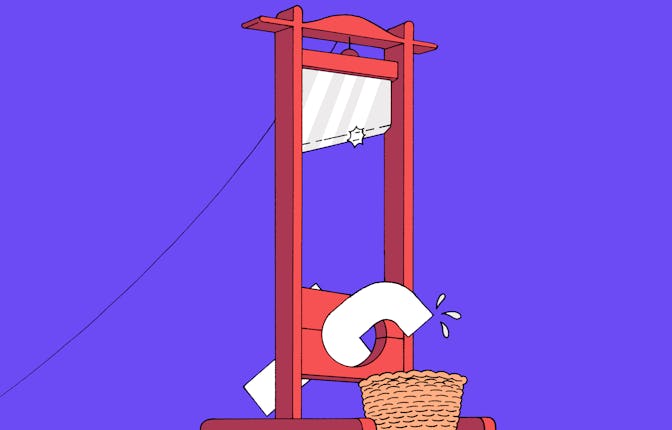 An illustration of the Facebook logo being executed by guillotine