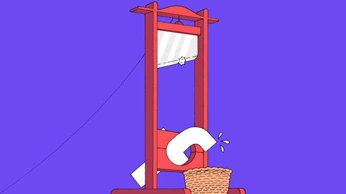 An illustration of the Facebook logo being executed by guillotine
