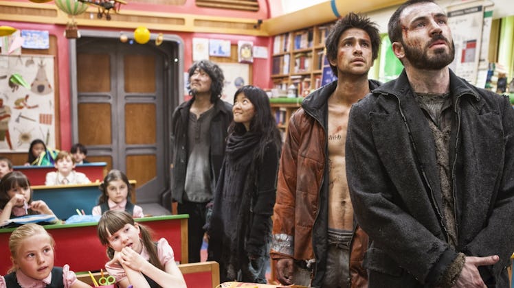 Curtis and his allies stand in a classroom in Snowpiercer