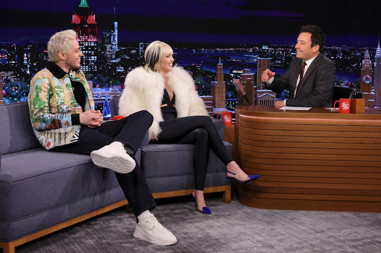 Pete Davidson and singer Miley Cyrus during an interview with host Jimmy Fallon 