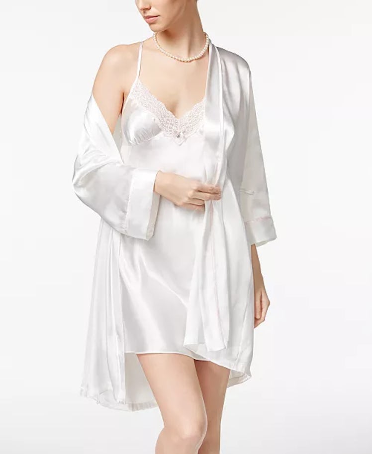 Linea Donatella Mrs. Embroidered Wrap Robe and Chemise Nightgown Set