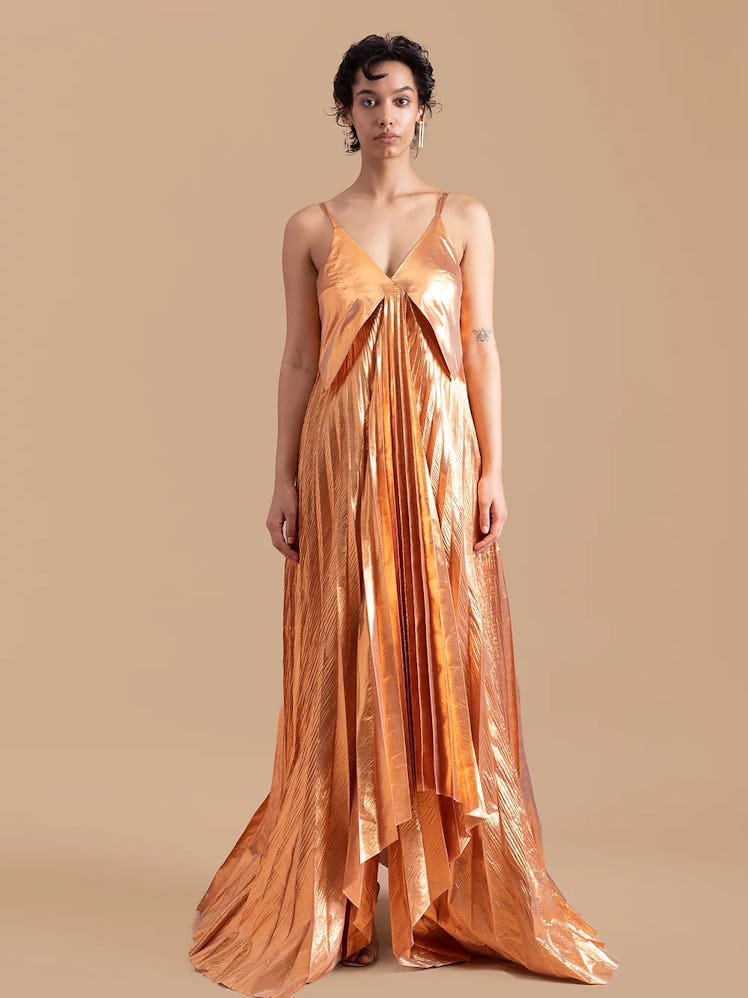 Onalaja orange metallic dress.