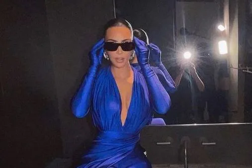 balenciaga blue dress kim kardashian Kim Kardashian Attends Simon Huck and Phil Riportella's Pre-Wedding Event Wearing Balenciaga Fall/Winter 2020 Blue Satin Look