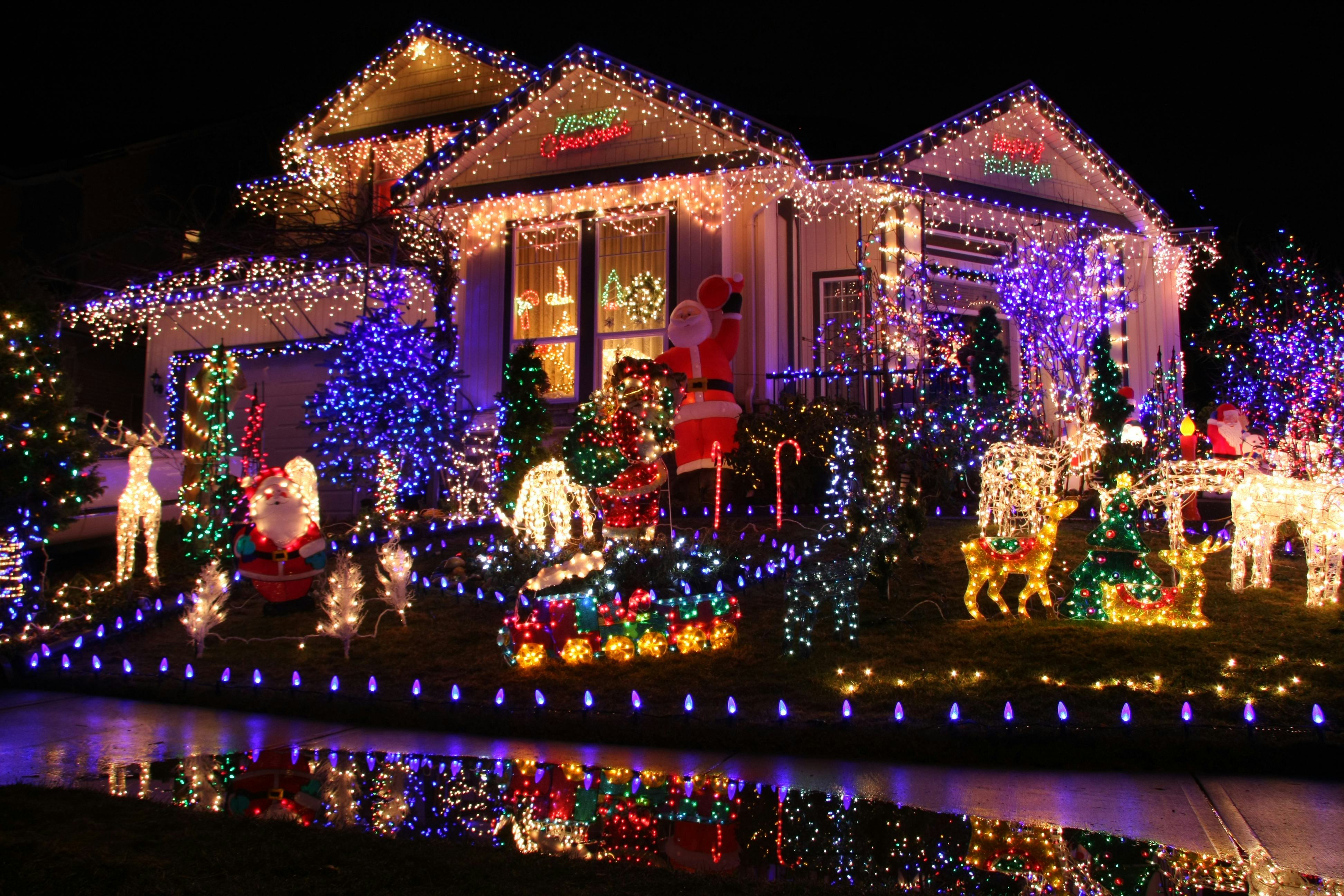 house decorated with lights