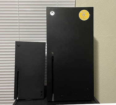 A comparison of the mini fridge's size to a real Series X