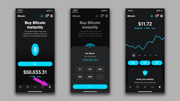 Bitcoin buying menus on Cash App.