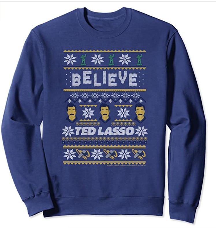 This blue 'Ted Lasso' Christmas sweater comes from Amazon. 