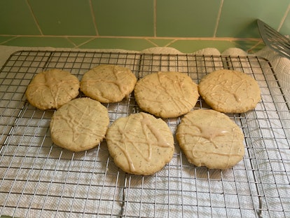 chai cookies drizzled with eggnog frosting