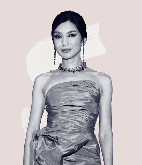 A black and white photo of Gemma Chan on a pink and white background