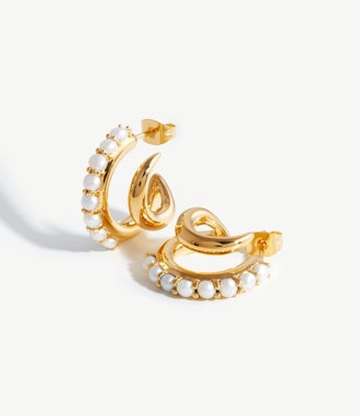 Claw Studded Pearl Double Hoop Earrings