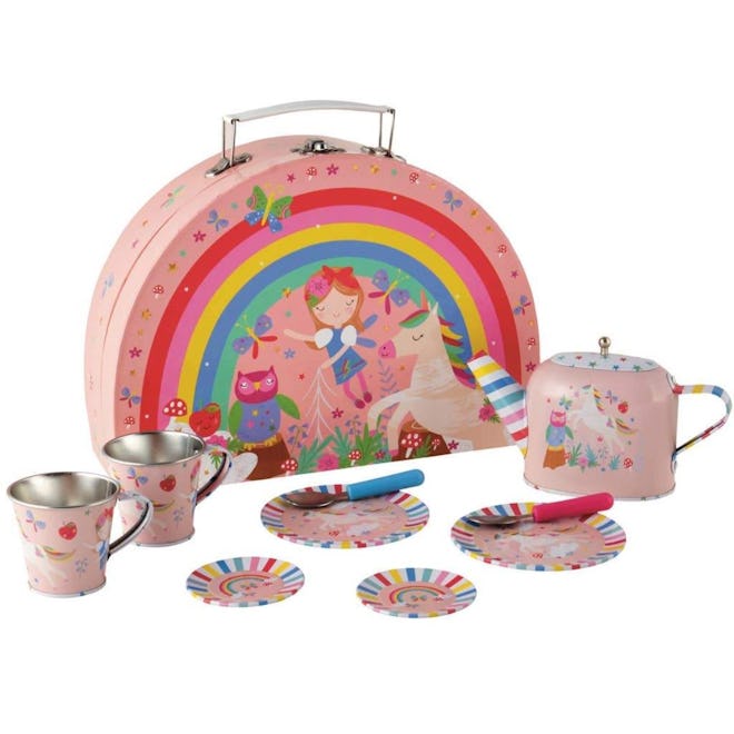 Product image for Rainbow Fairy Tin Tea Set by Floss & Rock; best gifts for 3-year-olds