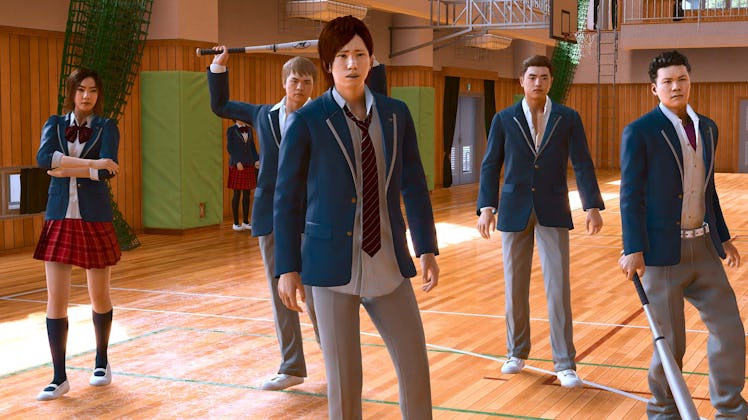 A scene from Lost Judgement the Sega game of high schoolers with baseball bats approaching aggressiv...
