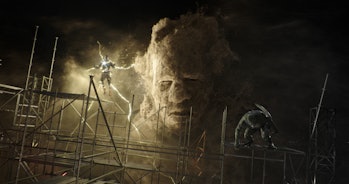 Electro (Jamie Foxx), Sandman (Thomas Haden Church), and The Lizard (Rhys Ifans) teaming up in Spide...