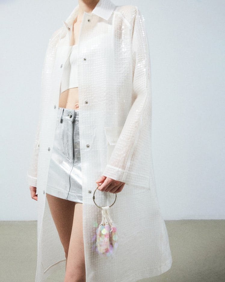 Helmut Lang mini bag and white sequined coat