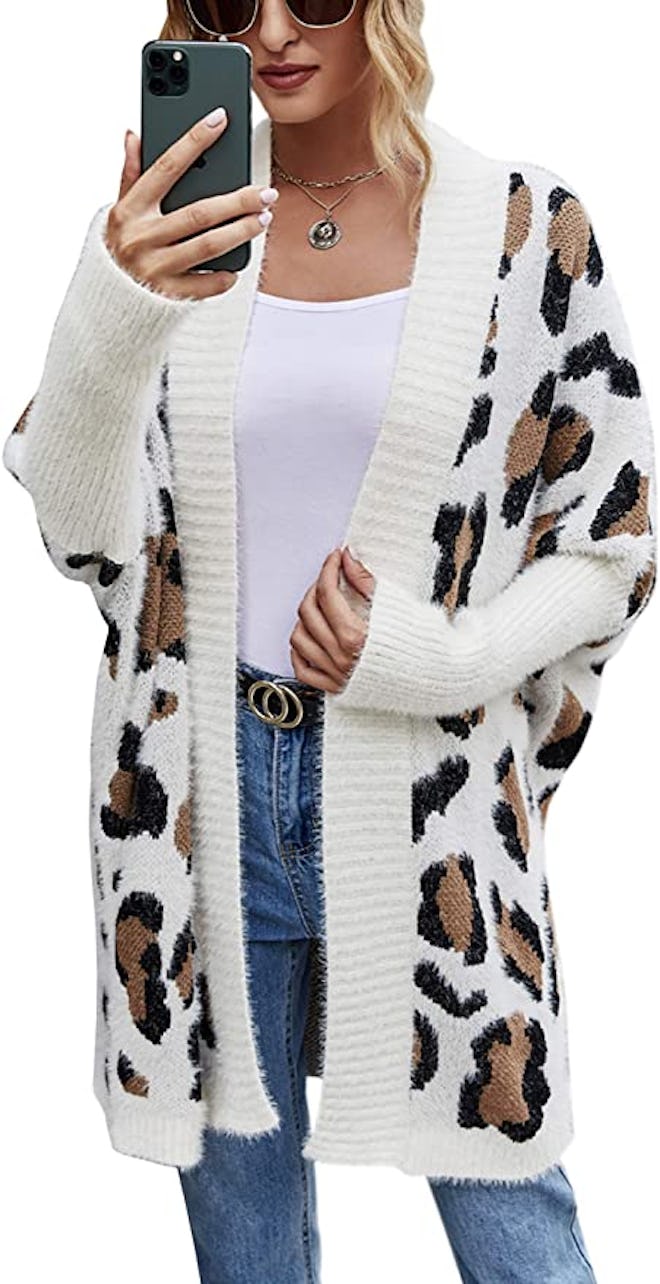 Angashion Open Front Leopard Print Knitted Sweater 