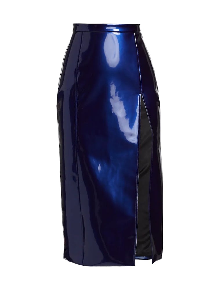 LaQuan Smith navy leather pencil skirt.
