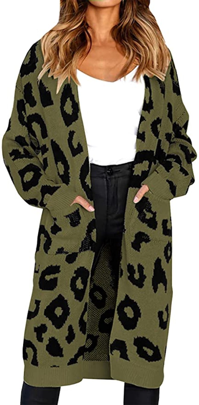 BTFBM Long Sleeve Open Front Leopard Knit Long Cardigan