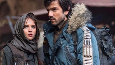 Felicity Jones as Jyn Erso and Diego Luna as Cassian Andor in Rogue One.