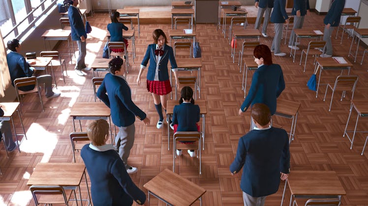 A group of students menacingly approaching another student in the classroom in Lost Judgement the Se...
