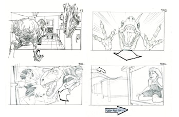 Storyboards by Dave Lowery and Dan Sweetman outlining the famous raptor kitchen scene with Tim and L...