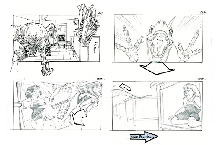 Storyboards by Dave Lowery and Dan Sweetman outlining the famous raptor kitchen scene with Tim and L...