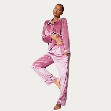 Pink Velour Long Sleeve Pj Top And Pants