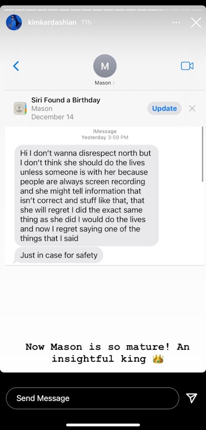 Kim Kardashian shared a text exchange between her and Mason Disick.