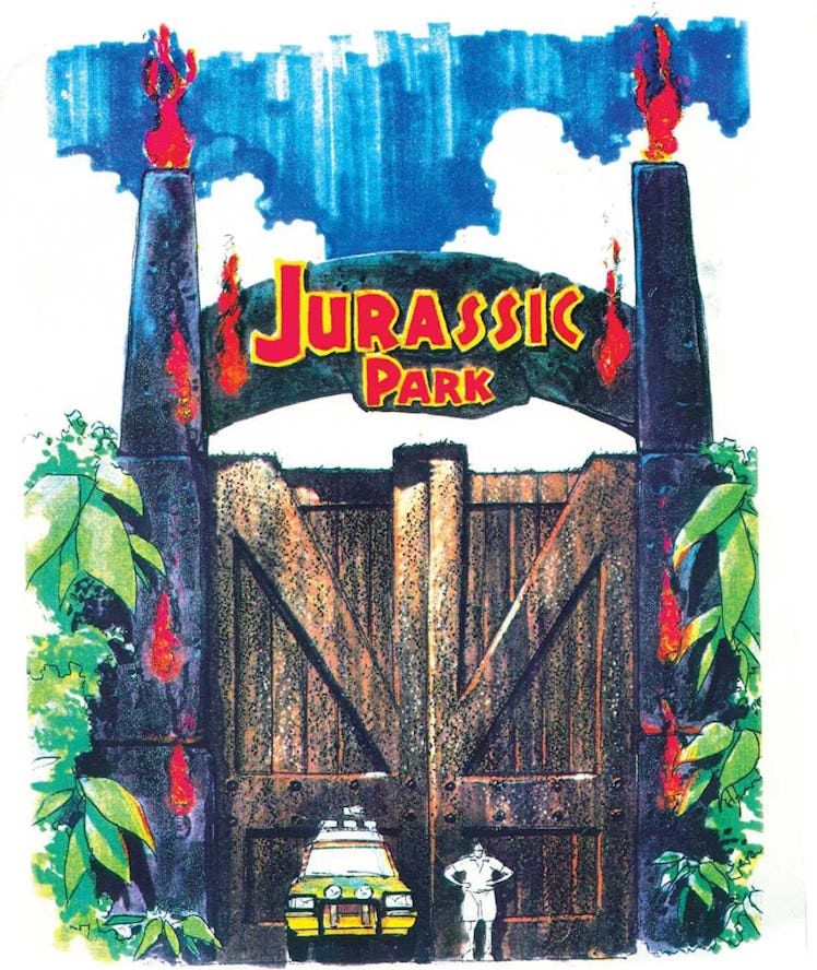 The iconic Jurassic Park gates designed by John Bell and inspired by Spielberg’s vision of a “King K...