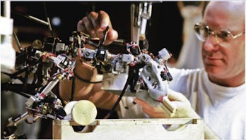Animator Randal Dutra manipulates the DID armature to animate the T. rex attacking the Ford Explorer...