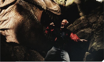 Check out this fun photo of Stan Winston being startled by the full-sized T. rex puppet.