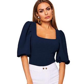 Romwe Casual Puff Sleeve Square Neck Top