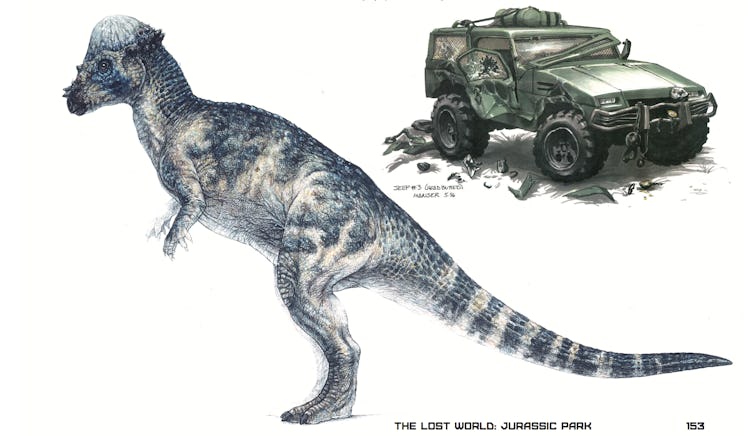 The Lost World concept art for the Pachycephalosaurus by Crash McCreery, and designs for the destroy...