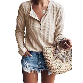 WNEEDU Waffle Knit Henley Shirt