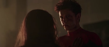 Peter Parker (Tom Holland) looking at his aunt, May (Marisa Tomei), in Spider-Man: No Way Home