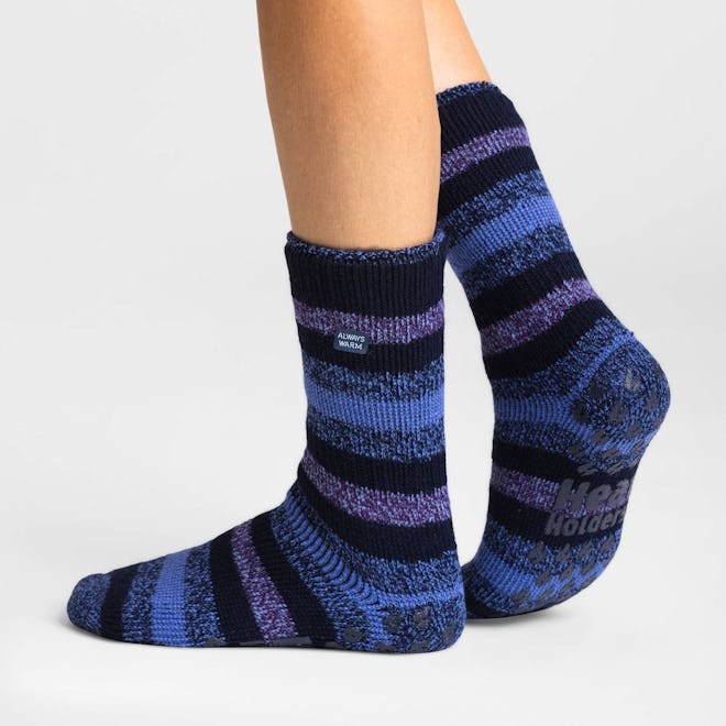 Always Warm by Heat Holders Women's Warmest Striped Slipper Socks with Grippers