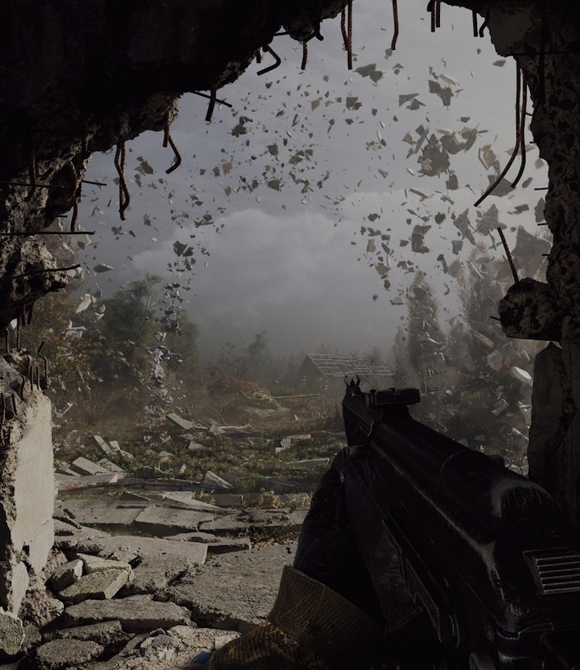 first-person view holding a gun with rocks flying and gritty farm landscape