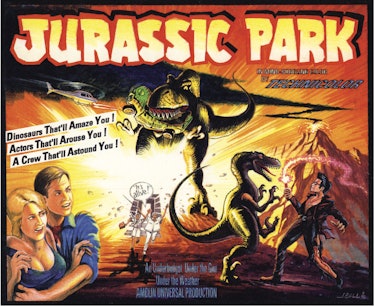 An old-fashioned Hollywood B-movie poster created by art director John Bell after Jurassic Park wrap...
