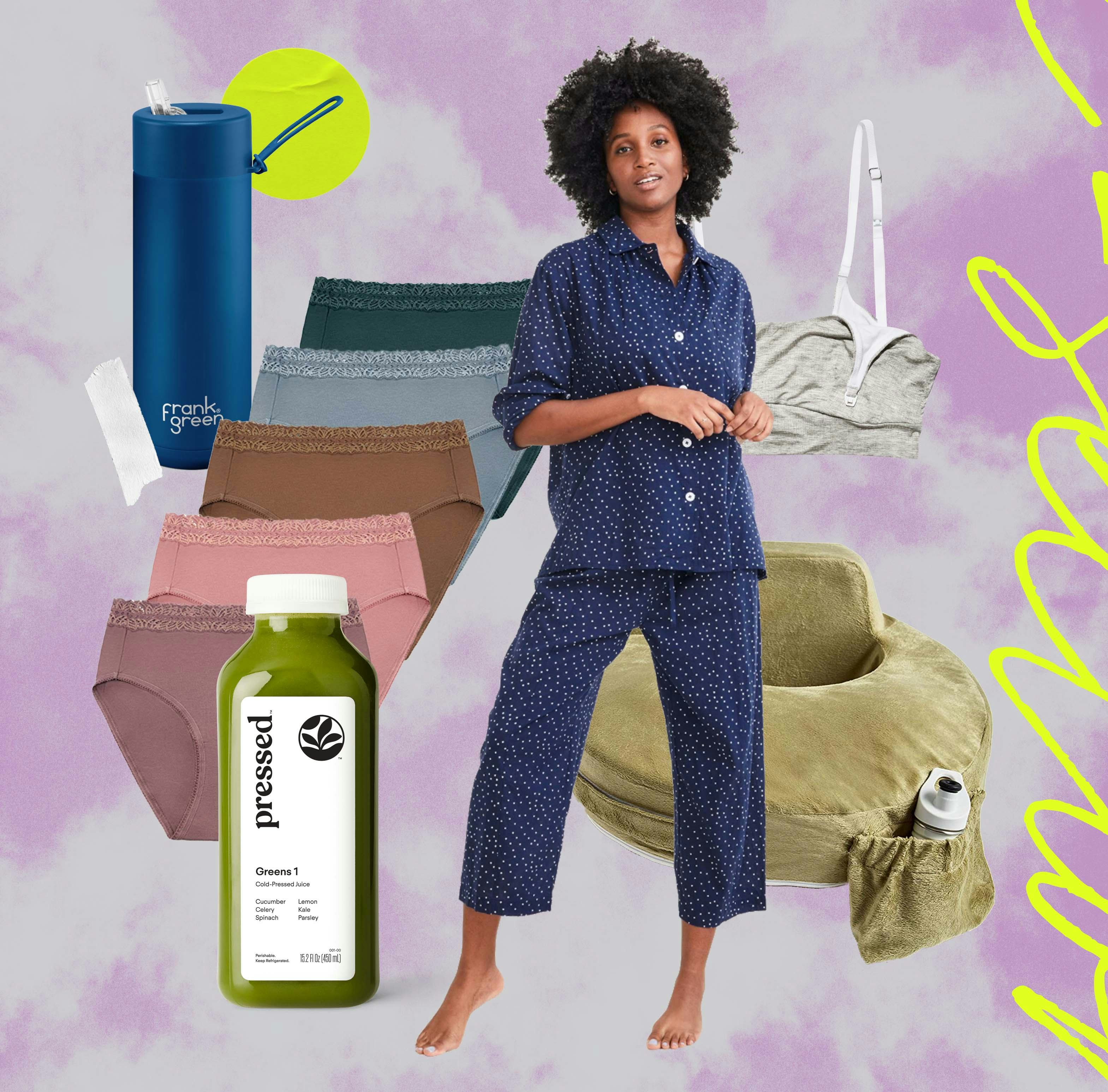 A collage with a woman in a C-section recovery and items she need for her recovery