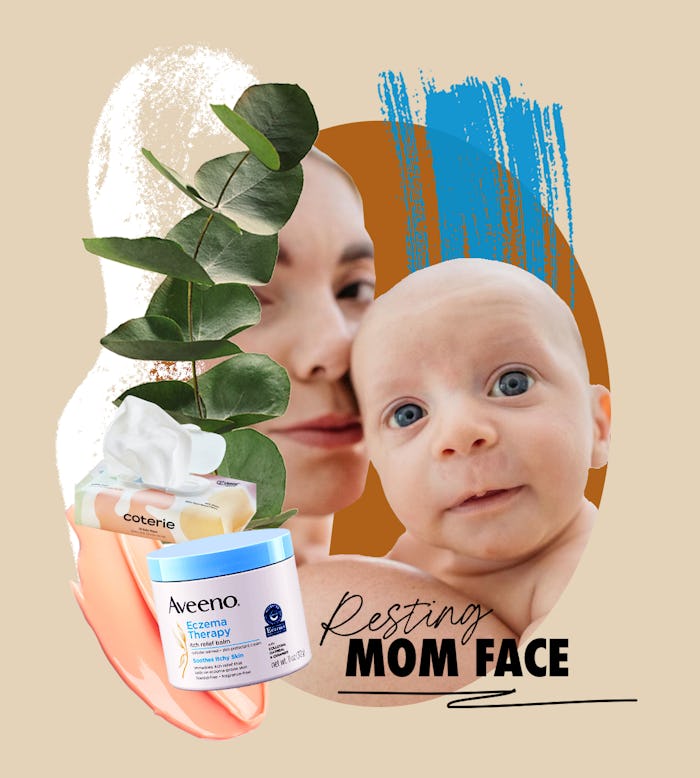 A collage with mother holding a baby and Aveeno eczema therapy itch relief balm perfect for adult sk...