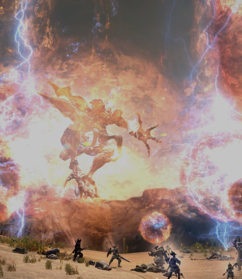 game screenshot from Final Fantasy XIV showing characters fighting a flying monster with magic