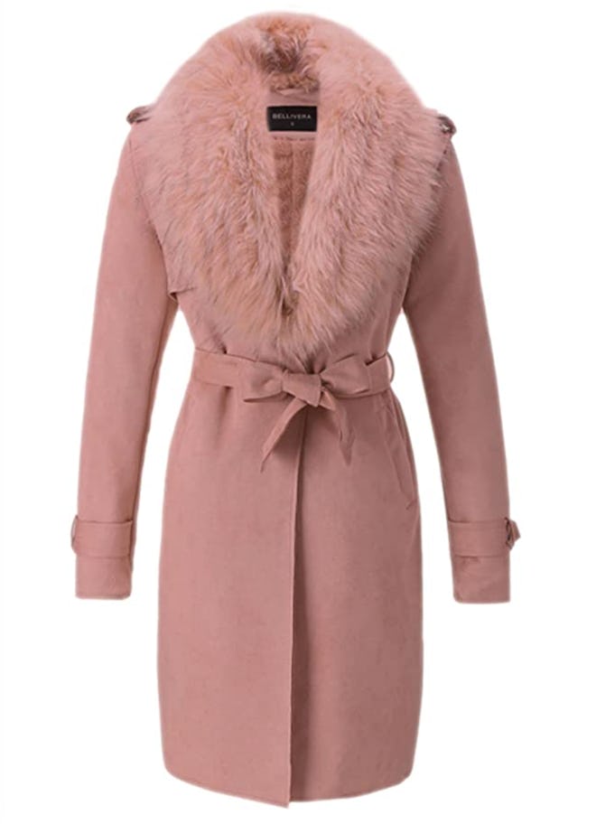 Bellivera Faux Suede Trench with Detachable Fur Collar