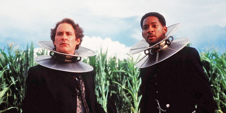 Will Smith as Captain James West and Kevin Kline as Artemus Gordon in the sci-fi western movie 'Wild...