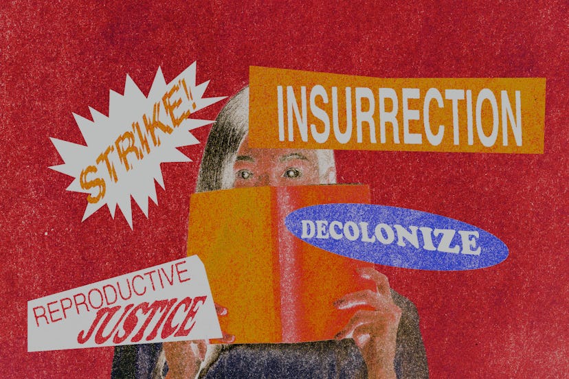 An abstract collage of people holding posters 'STRIKE', 'INSURRECTION', 'DECOLONIZE', and 'REPRODUCT...