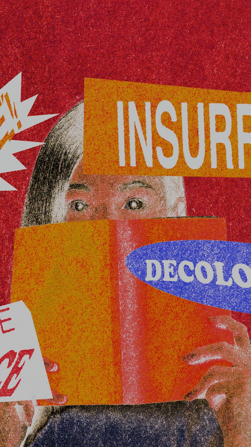 An abstract collage of people holding posters 'STRIKE', 'INSURRECTION', 'DECOLONIZE', and 'REPRODUCT...