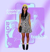 A young woman in a beanie, minidress, and boots superimposed over images of phones, Rihanna, and Bey...