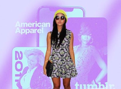 A young woman in a beanie, minidress, and boots superimposed over images of phones, Rihanna, and Bey...