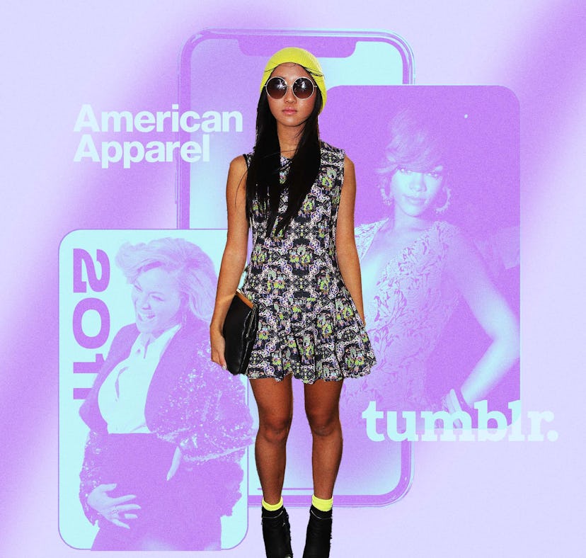 A young woman in a beanie, minidress, and boots superimposed over images of phones, Rihanna, and Bey...