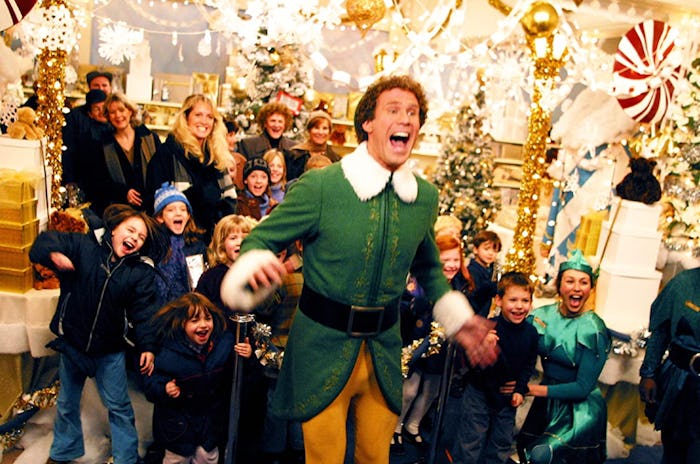 Buddy the Elf screaming in front of a bunch of kids